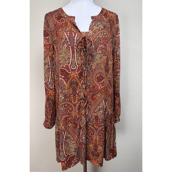 Love 21 Paisley Dress Women’s Size S Orange Brown Red Long Sleeve Boho Chic Fall - Picture 1 of 16